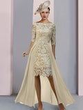 Abito da Sposa per Madre della Sposa / Colonna Abito da Cerimonia Ospite di Nozze Elegante Scollo Tondo Lunghezza al Ginocchio Chiffon Pizzo Mezza Manica con Applicazioni