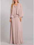 Etuikleid/Säulenkleid für die Brautmutter, Hochzeitsgast, elegant, U-Ausschnitt, bodenlang, Chiffon, Spitze, lange Ärmel mit Rüschen, einfarbig