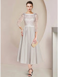 Etuikleid/Säulenkleid für die Brautmutter, Hochzeitsgast, minimalistisch, elegant, U-Ausschnitt, knielang, Satin, Spitze, halbe Ärmel mit Rüschen