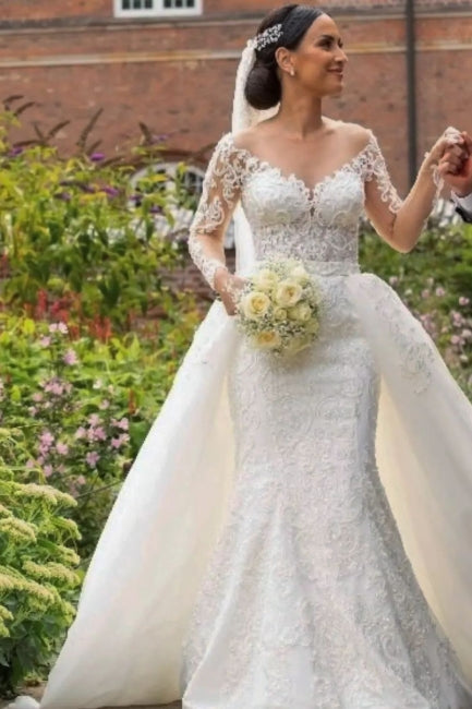 Würdevoll Sweetheart Applikationen Spitze Langarm Meerjungfrau Brautkleider mit Schleppe