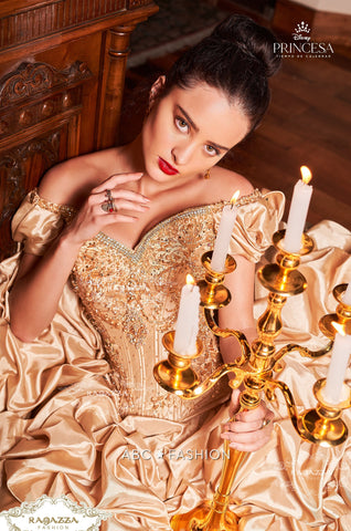 Goldenes schulterfreies Quinceanera-Kleid von Ragazza D68-568