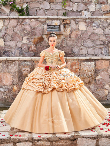 Goldenes schulterfreies Quinceanera-Kleid von Ragazza D68-568