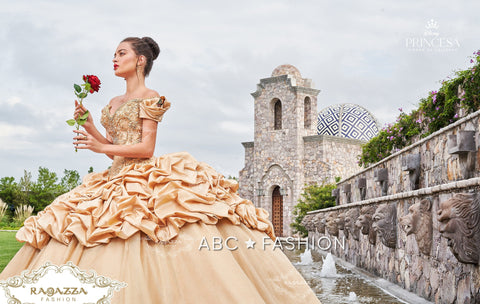Goldenes schulterfreies Quinceanera-Kleid von Ragazza D68-568