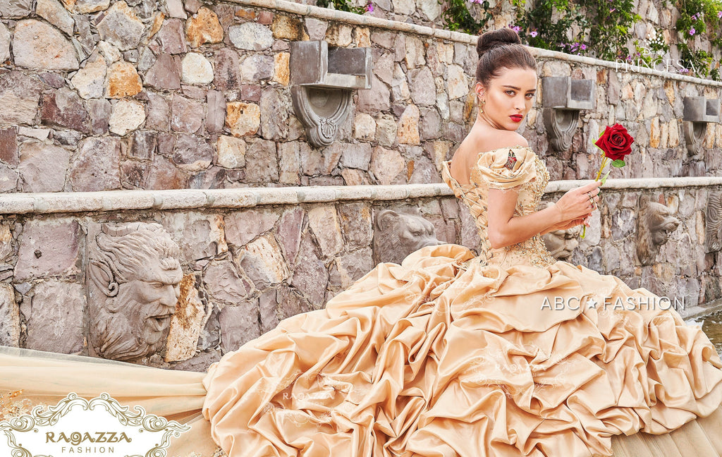 Gold Off Shoulder Quinceanera Dress by Ragazza D68-568