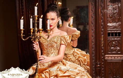 Goldenes schulterfreies Quinceanera-Kleid von Ragazza D68-568