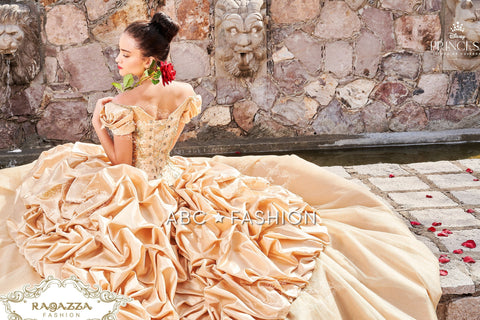 Goldenes schulterfreies Quinceanera-Kleid von Ragazza D68-568