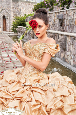 Goldenes schulterfreies Quinceanera-Kleid von Ragazza D68-568
