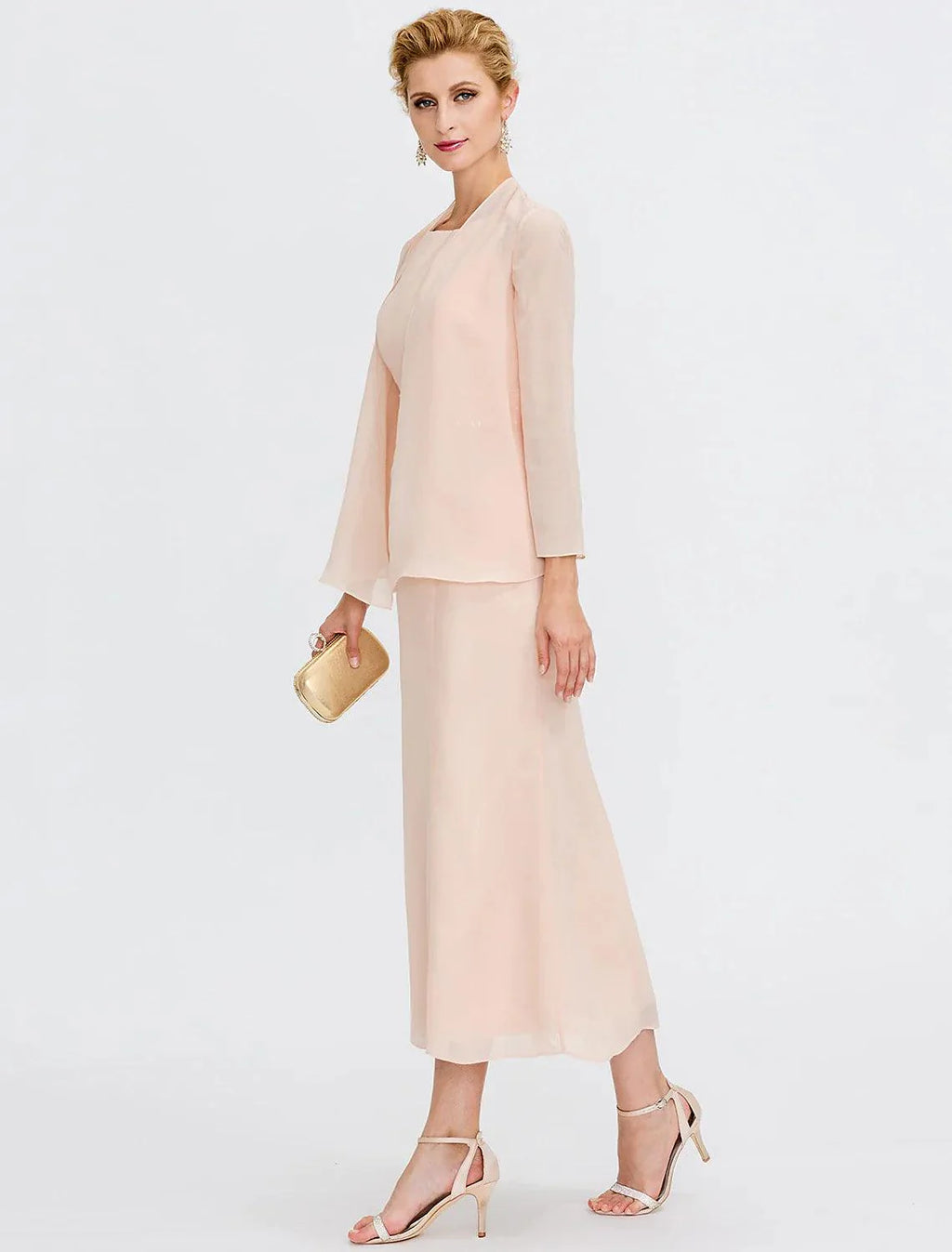 Vestido de mãe da noiva de duas peças, estilo coluna, plus size, elegante, com casaco, manga comprida, decote redondo, comprimento chá, chiffon, faixa/fita, pregas, missangas