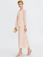 Vestido de mãe da noiva de duas peças, estilo coluna, plus size, elegante, com casaco, manga comprida, decote redondo, comprimento chá, chiffon, faixa/fita, pregas, missangas