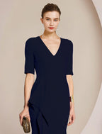 Vestido de mãe da noiva com bainha/coluna, para convidada de casamento formal, elegante, decote em V, comprimento até ao chão, cetim, meia manga, com racha frontal franzida