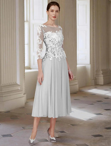 Elegantes Kleid für formelle Hochzeitsgäste mit rundem Ausschnitt, asymmetrischer Knöchellänge, Chiffon-Spitze, 3/4-Ärmel mit Applikationen, Mutter der Braut