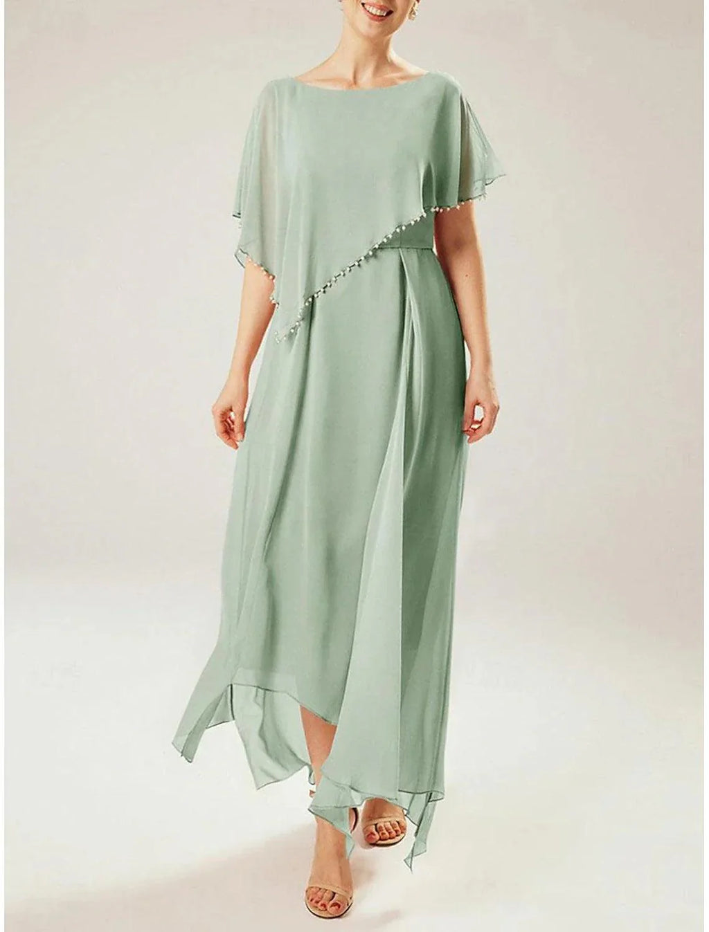 Etuikleid/Säulenkleid für die Mutter der Braut, Hochzeitsgast, elegant, schlicht, Rundhalsausschnitt, knöchellang, Chiffon, kurze Ärmel, Wickelkleid inklusive Quaste