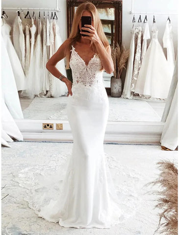 Vestidos de noiva formais para recepção, sereia/trompete, camisola, sem mangas, cauda longa, tule, vestidos de noiva com aplicações
