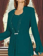 Vestido de mãe da noiva de duas peças, bainha/coluna, formal, para convidada de casamento, elegante, decote em joia, comprimento até ao tornozelo, chiffon, manga comprida, com contas, broche de cristal