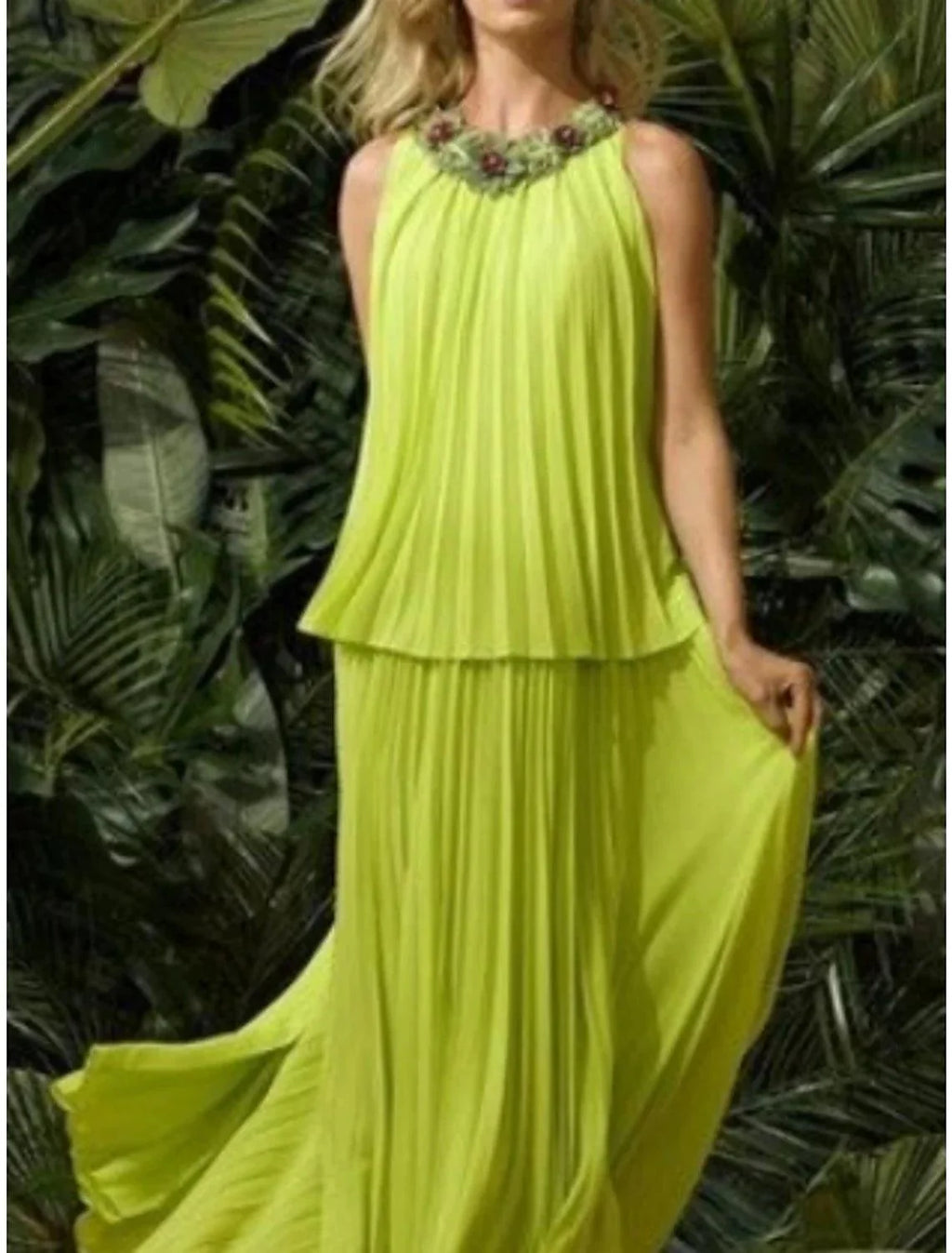 Vestido de mãe da noiva de duas peças, elegante, com decote em joia, comprimento até ao tornozelo, em chiffon, sem mangas, com pregas, aplicações, outono