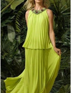 Vestido de mãe da noiva de duas peças, elegante, com decote em joia, comprimento até ao tornozelo, em chiffon, sem mangas, com pregas, aplicações, outono