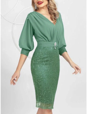 Sheath / Column Mother of the Bride Dress Wedding Guest Party Elegant V Neck Knee Length Chiffon Lace Half Sleeve with Sequin Split Front Crystal Brooch