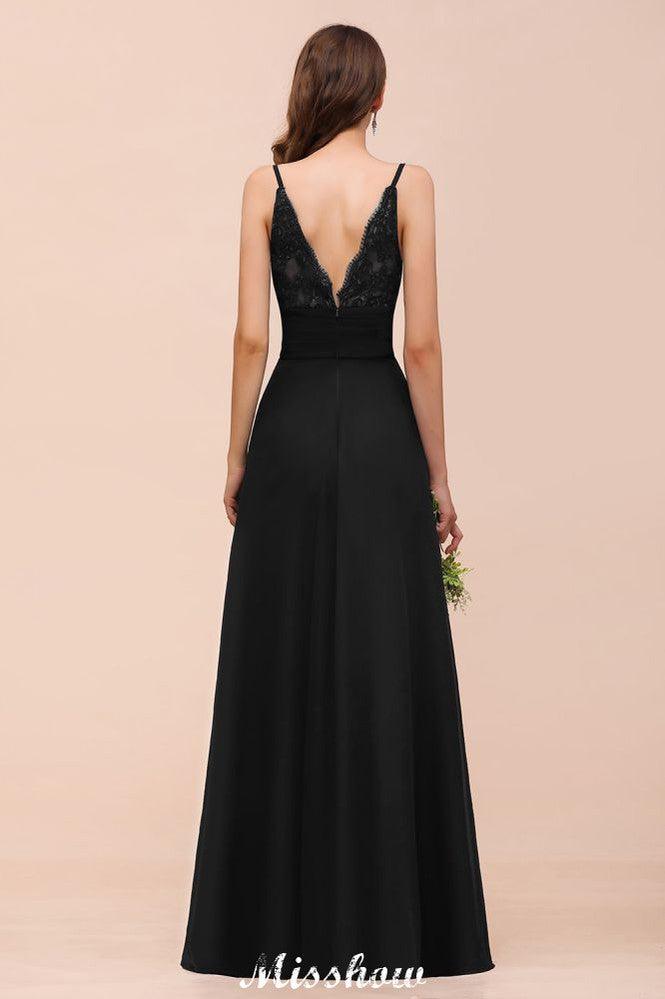 Double V-Neck Front Split Bridesmaid Dress Formal Party Dress for Wedding Black