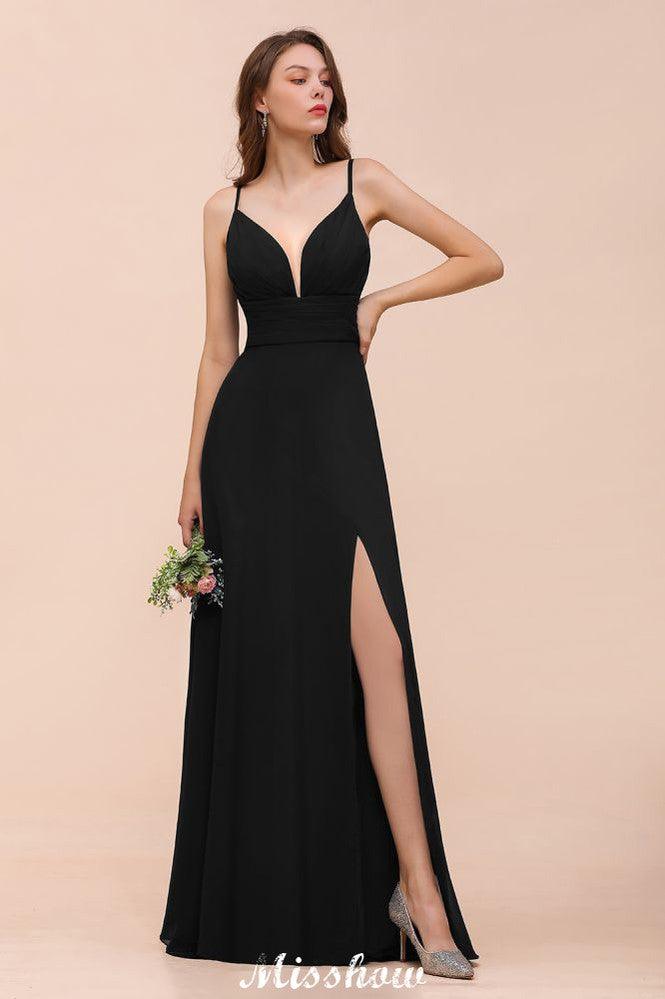 Double V-Neck Front Split Bridesmaid Dress Formal Party Dress for Wedding Black