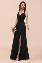 Double V-Neck Front Split Bridesmaid Dress Formal Party Dress for Wedding Black