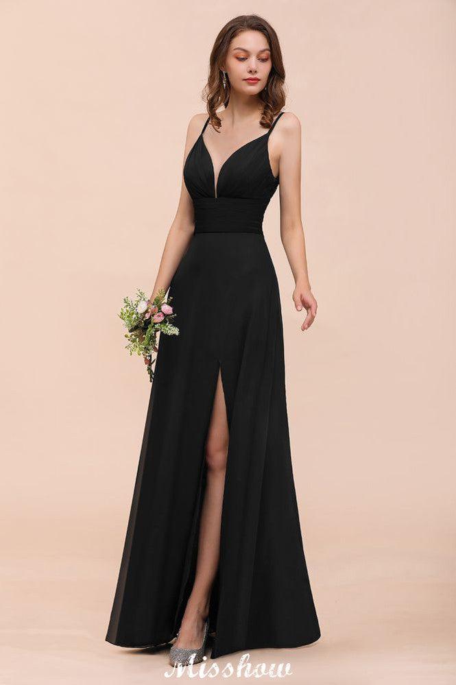 Double V-Neck Front Split Bridesmaid Dress Formal Party Dress for Wedding Black