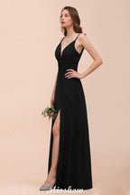 Double V-Neck Front Split Bridesmaid Dress Formal Party Dress for Wedding Black