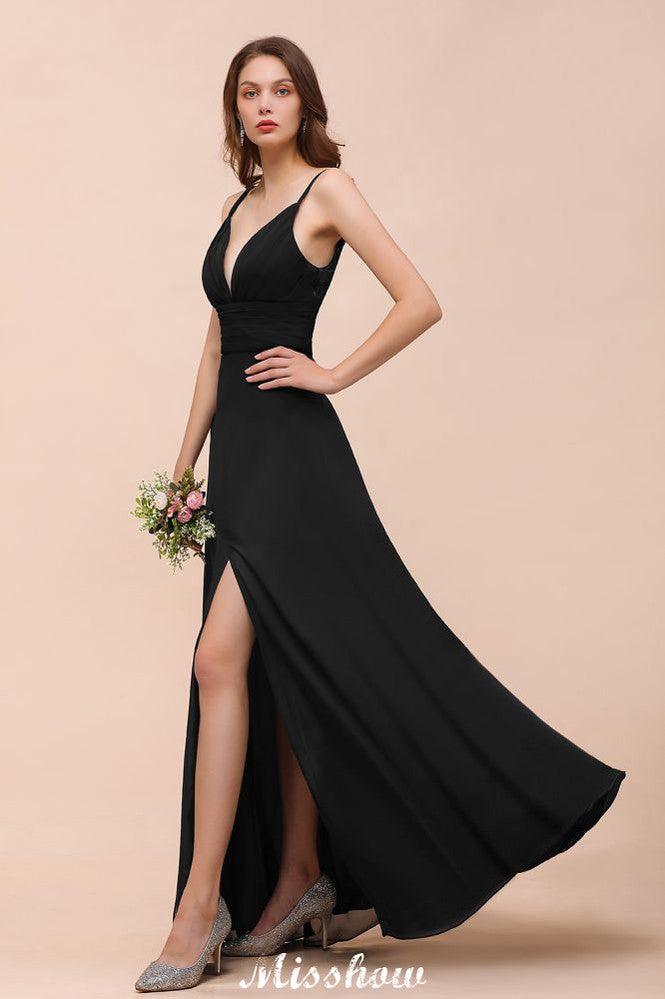 Double V-Neck Front Split Bridesmaid Dress Formal Party Dress for Wedding Black