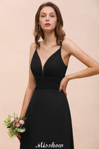 Double V-Neck Front Split Bridesmaid Dress Formal Party Dress for Wedding Black