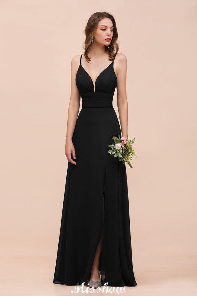 Double V-Neck Front Split Bridesmaid Dress Formal Party Dress for Wedding Black