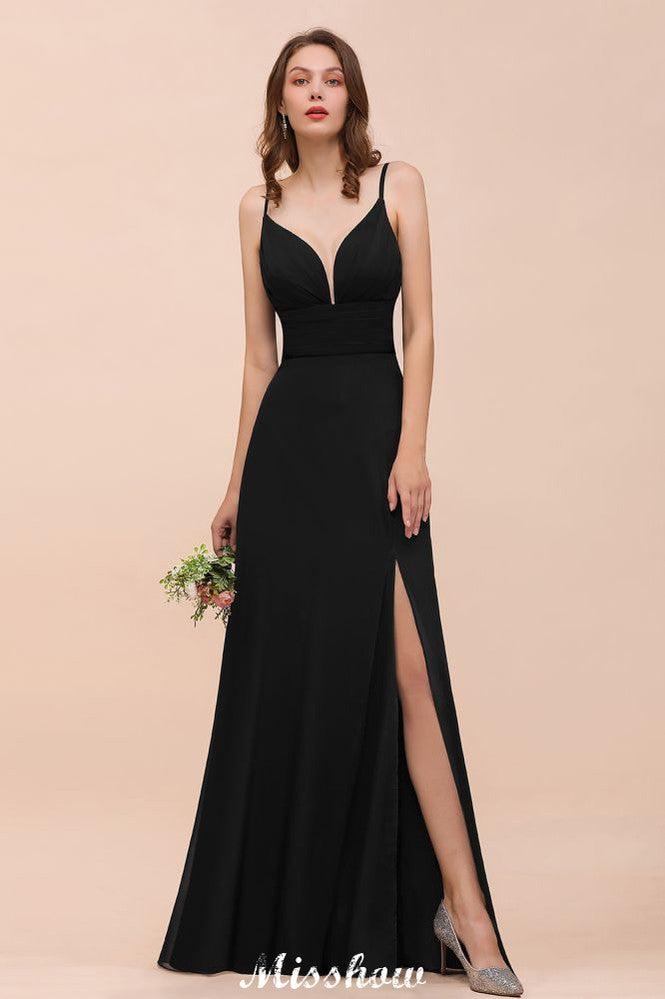 Double V-Neck Front Split Bridesmaid Dress Formal Party Dress for Wedding Black