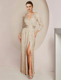 Etuikleid/Säulenkleid für die Mutter der Braut, formeller Hochzeitsgast, Sparkle &amp; Shine, eleganter V-Ausschnitt, bodenlange Pailletten, 3/4-Ärmel mit Schlitz vorne