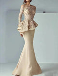 Vestido mãe da noiva sereia/trompete, formal, para convidada de casamento, elegante, decote redondo, comprimento até ao chão, renda, tecido elástico, manga comprida com folhos, aplicações