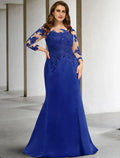 Vestido de mãe da noiva sereia/trompete plus size, barriga escondida, elegante, decote em joia, comprimento até ao chão, chiffon, renda, manga 3/4, sem aplicações