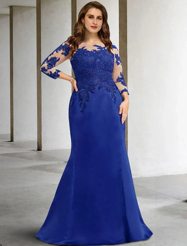 Meerjungfrau/Trompete Kleid für die Brautmutter, Übergröße, bauchfrei, elegant, Rundhalsausschnitt, bodenlang, Chiffon, Spitze, 3/4-Ärmel, nein, mit Applikationen