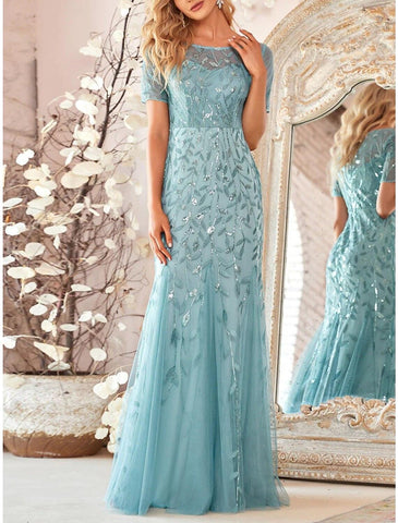 Meerjungfrau/Trompete Kleid für die Mutter der Braut, Hochzeitsgast, funkelnd und glänzend, elegant, Rundhalsausschnitt, bodenlang, mit Pailletten besetzt, kurze Ärmel mit Falten, Pailletten