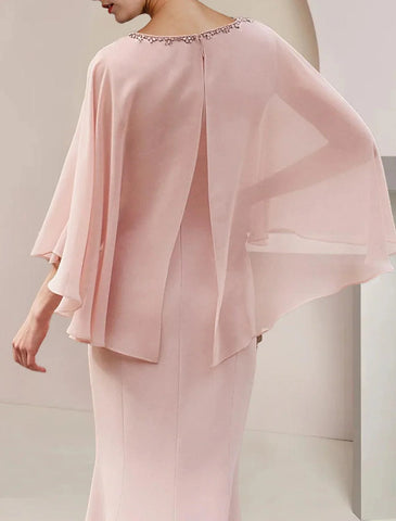 Meerjungfrau/Trompete Kleid für die Mutter der Braut, formelle Hochzeit, Gastparty, Vintage, elegant, U-Ausschnitt, asymmetrisch, knielang, Chiffon, ärmellos, mit Perlen