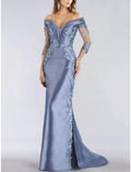 Etuikleid/Säulenkleid für die Brautmutter, elegantes schulterfreies Kleid mit Pinselschleppe, Stretch-Satin, 3/4-Ärmel mit Spitze, einfarbig