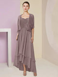 Zweiteiliges A-Linien-Kleid für die Mutter der Braut, formeller Hochzeitsgast, eleganter quadratischer Ausschnitt, asymmetrische Teelänge, Chiffon-Spitze, 3/4-Ärmel, Wickelkleid inklusive, mit gerüschten Stufenapplikationen