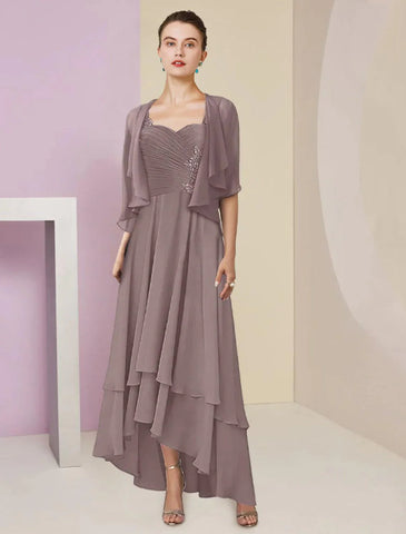 Zweiteiliges A-Linien-Kleid für die Mutter der Braut, formeller Hochzeitsgast, eleganter quadratischer Ausschnitt, asymmetrische Teelänge, Chiffon-Spitze, 3/4-Ärmel, Wickelkleid inklusive, mit gerüschten Stufenapplikationen