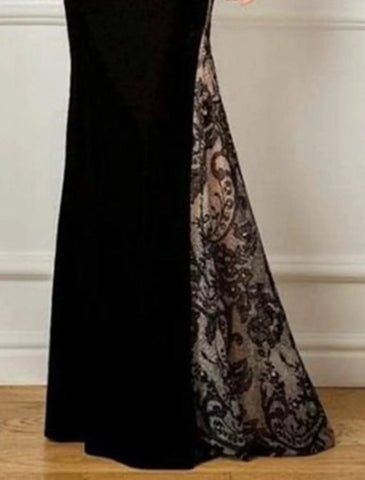 Meerjungfrau/Trompete Kleid für die Brautmutter, Herbst, Hochzeit, Gast, Party, elegant, Rundhalsausschnitt, bodenlang, Spitze, Samt, lange Ärmel, nein, mit Applikationen, Farbblock