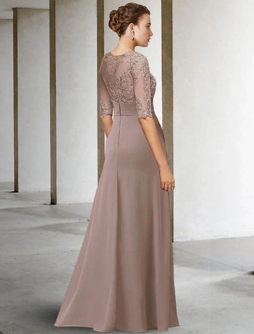 Etuikleid/Säulenkleid für die Brautmutter, Herbstkleid für Hochzeitsgäste, Übergröße, elegant, Rundhalsausschnitt, bodenlang, Chiffon, Spitze, kurze Ärmel mit Applikationen, seitlich drapiert