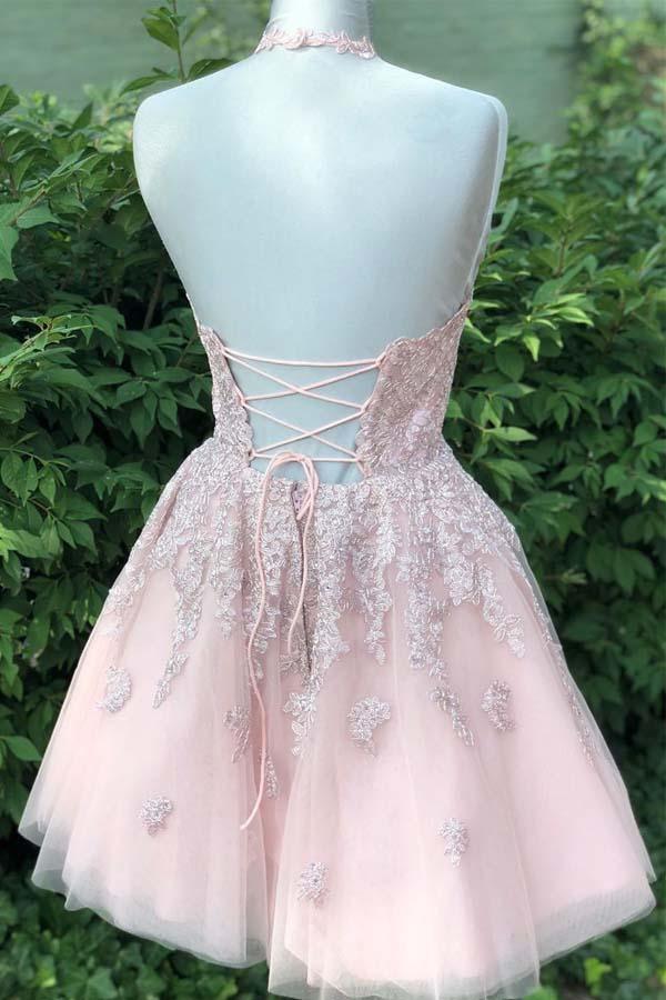 Dusty Blush Tulle Spaghetti Straps V-Neck A-Line Homecoming Dress PD359