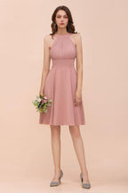 Dusty Pink Knee Length Bridesmaid Dress Halter Chiffon Maid of Honor Dress