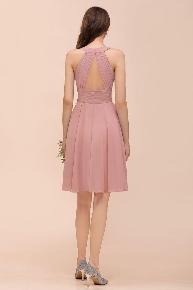 Dusty Pink Knee Length Bridesmaid Dress Halter Chiffon Maid of Honor Dress