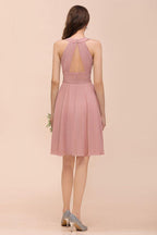 Dusty Pink Knee Length Bridesmaid Dress Halter Chiffon Maid of Honor Dress