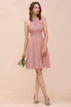 Dusty Pink Knee Length Bridesmaid Dress Halter Chiffon Maid of Honor Dress