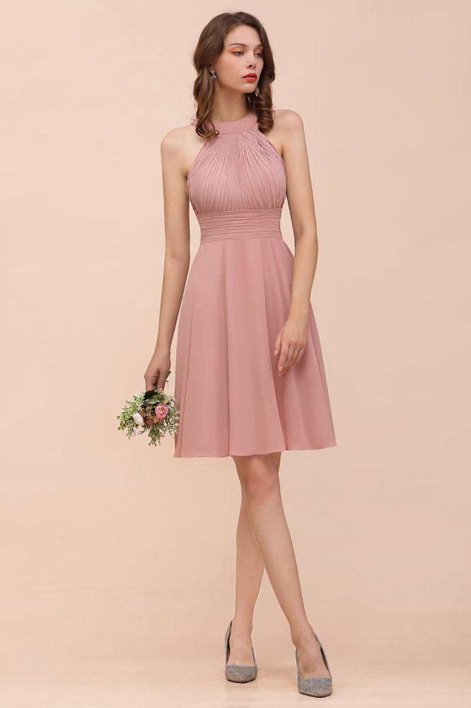 Dusty Pink Knee Length Bridesmaid Dress Halter Chiffon Maid of Honor Dress
