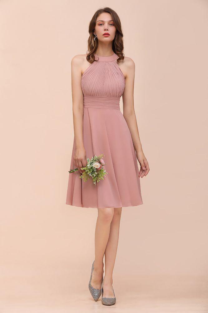 Dusty Pink Knee Length Bridesmaid Dress Halter Chiffon Maid of Honor Dress