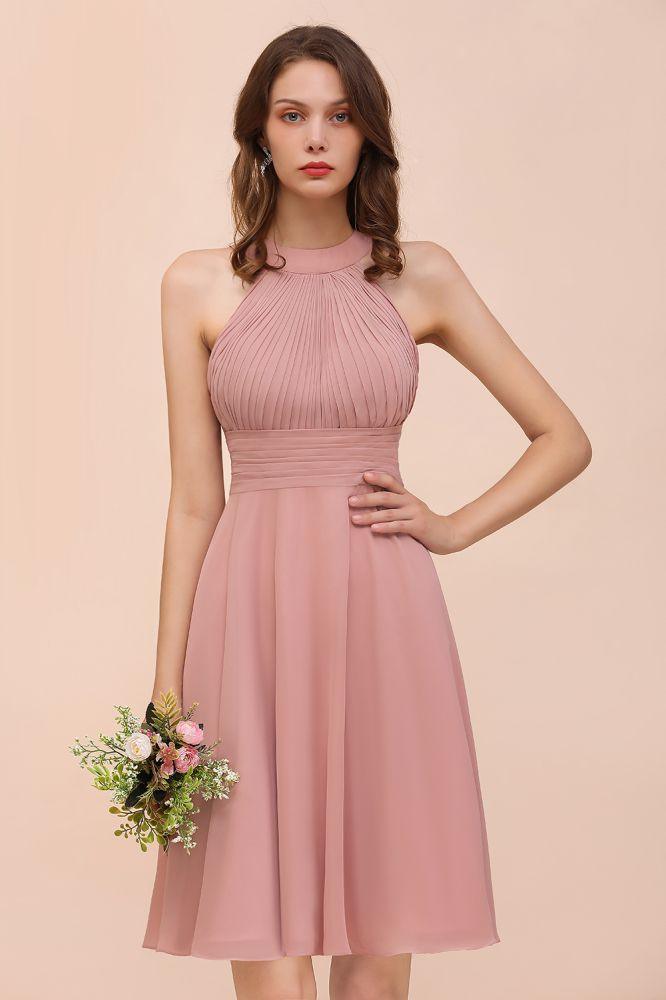 Dusty Pink Knee Length Bridesmaid Dress Halter Chiffon Maid of Honor Dress