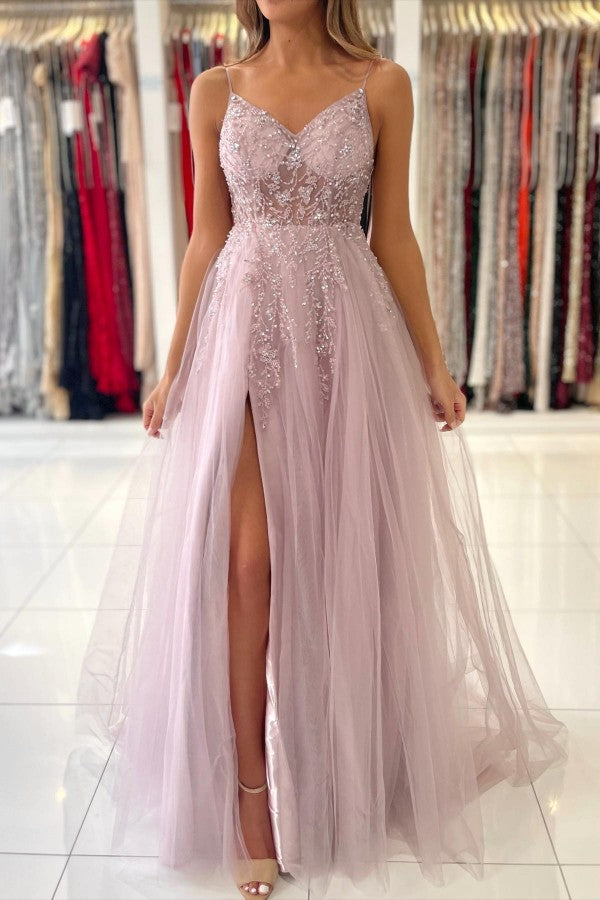 Dusty Pink Long A-line V-neck Tulle Glitter Prom Dress with Slit